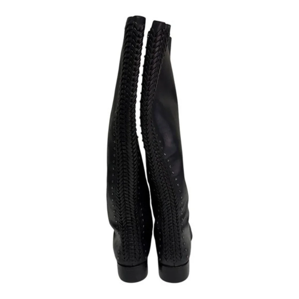 Antonio Melani‎ Black Leather Studded Braided Riding Boots  Size 7.5